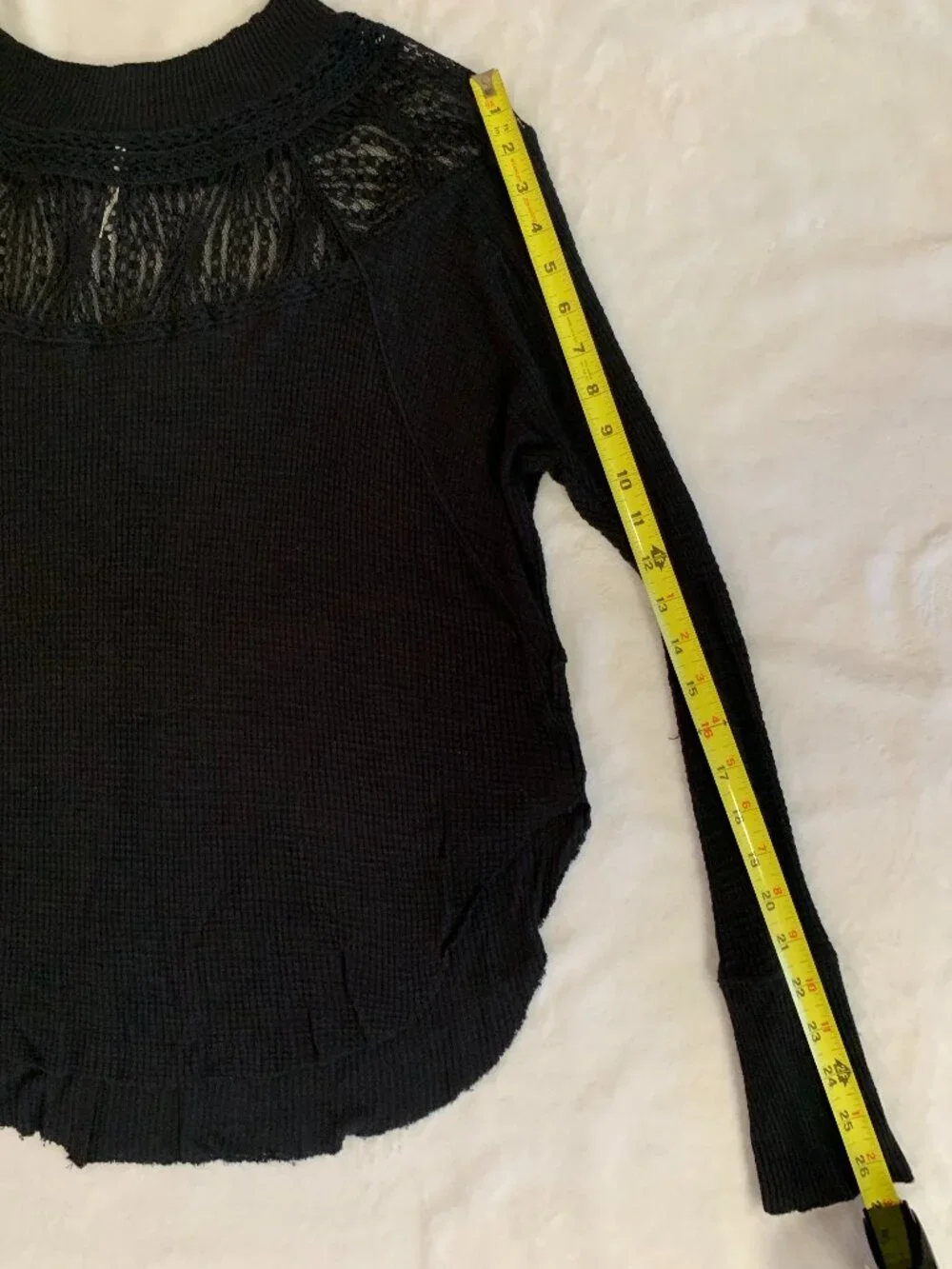 Free People Spring Valley Black Waffle Knit Lace Trim Top XS